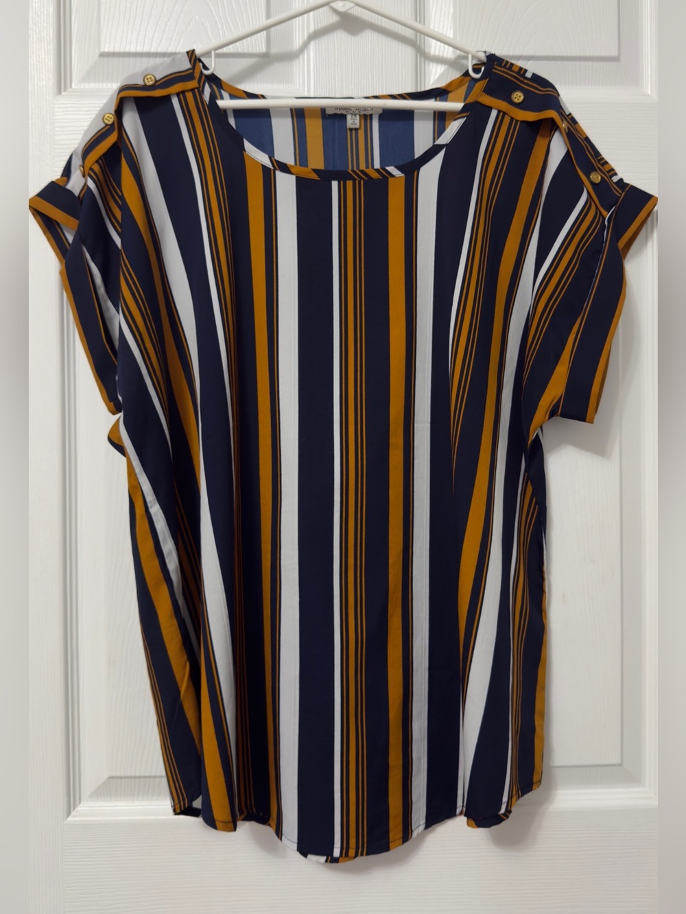 Button-Shoulder Striped Short Sleeve Top in Navy/Gold/White - Unbranded